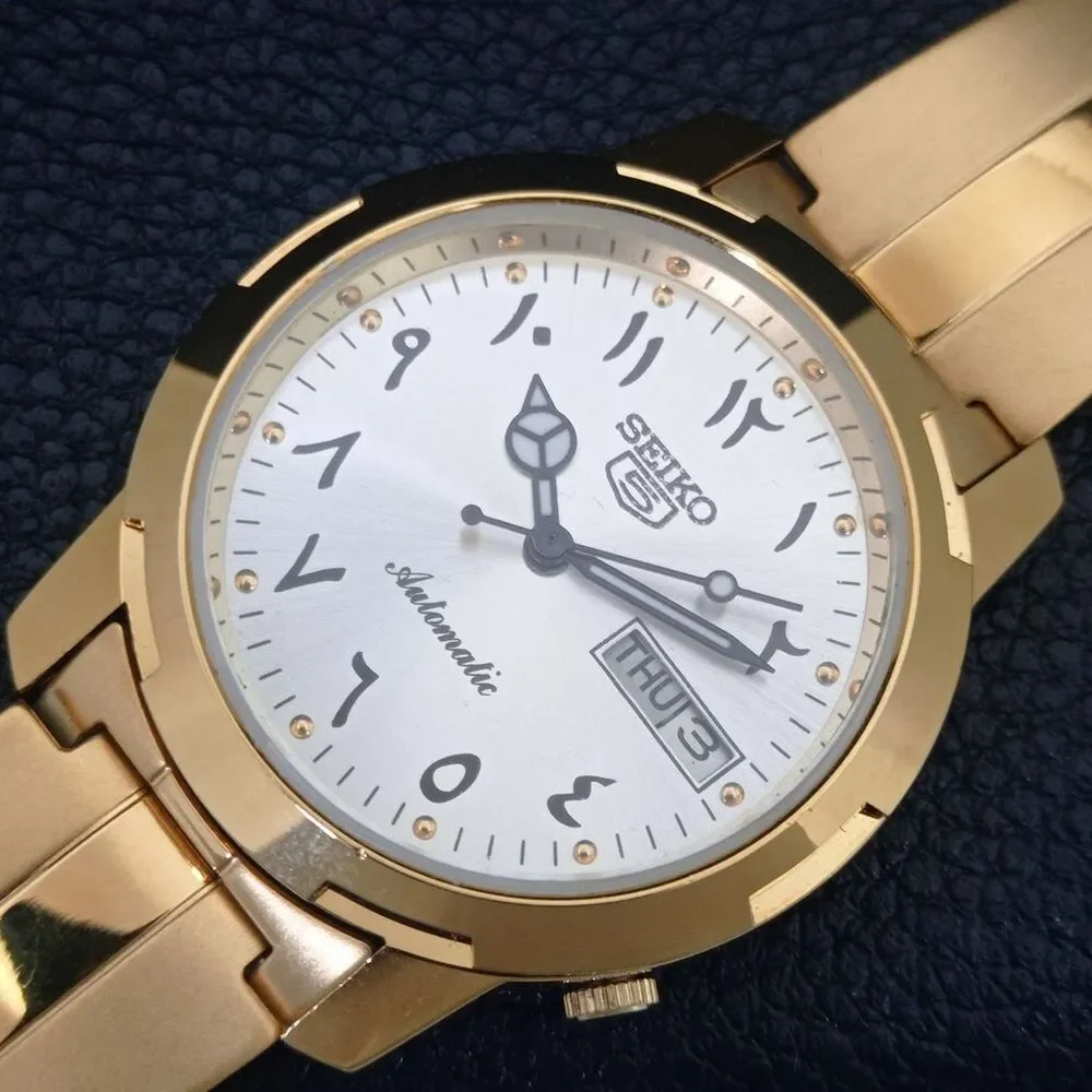 Vintage 1980 Seiko Automatic Mens Gold Watch W/daydate & Arabic accents